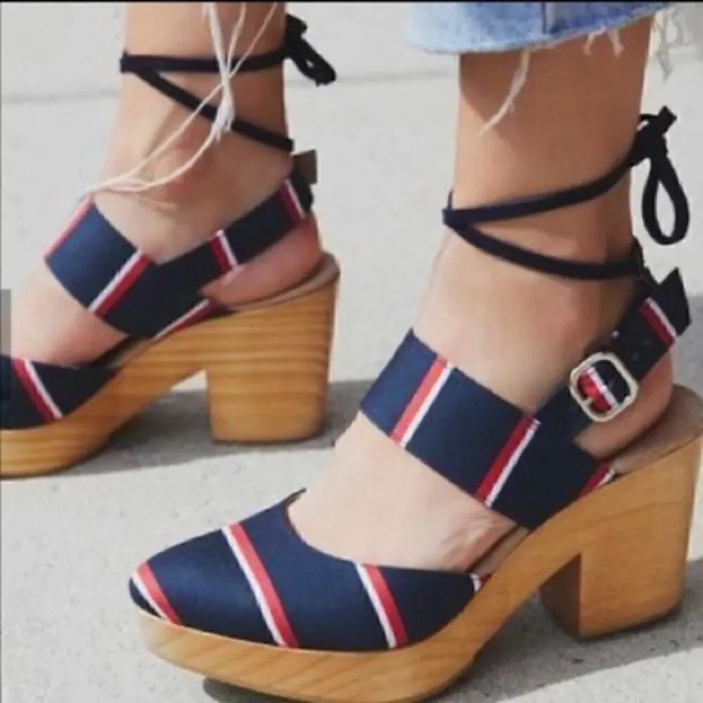 FREE PEOPLE MONOCO PLATFORM WOOD HEELED CLOGS NEW NAVY RED WHITE STRIPED EU 41